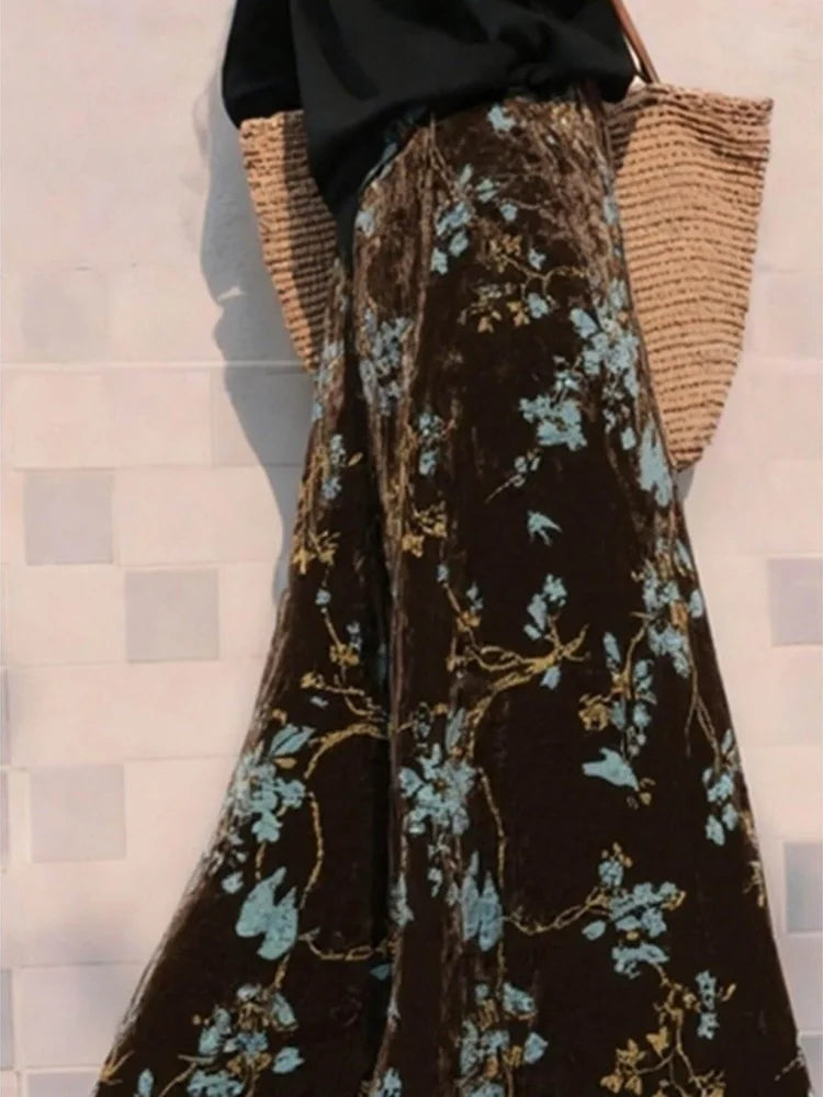 Floral Print Velvet Skirt Women's Clothing Vintage Saia 2026 Faldas Mujer De Moda Korean Chic Jupe High Waist A-line Long Skirts
