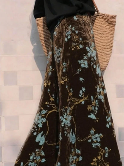 Floral Print Velvet Skirt Women's Clothing Vintage Saia 2026 Faldas Mujer De Moda Korean Chic Jupe High Waist A-line Long Skirts