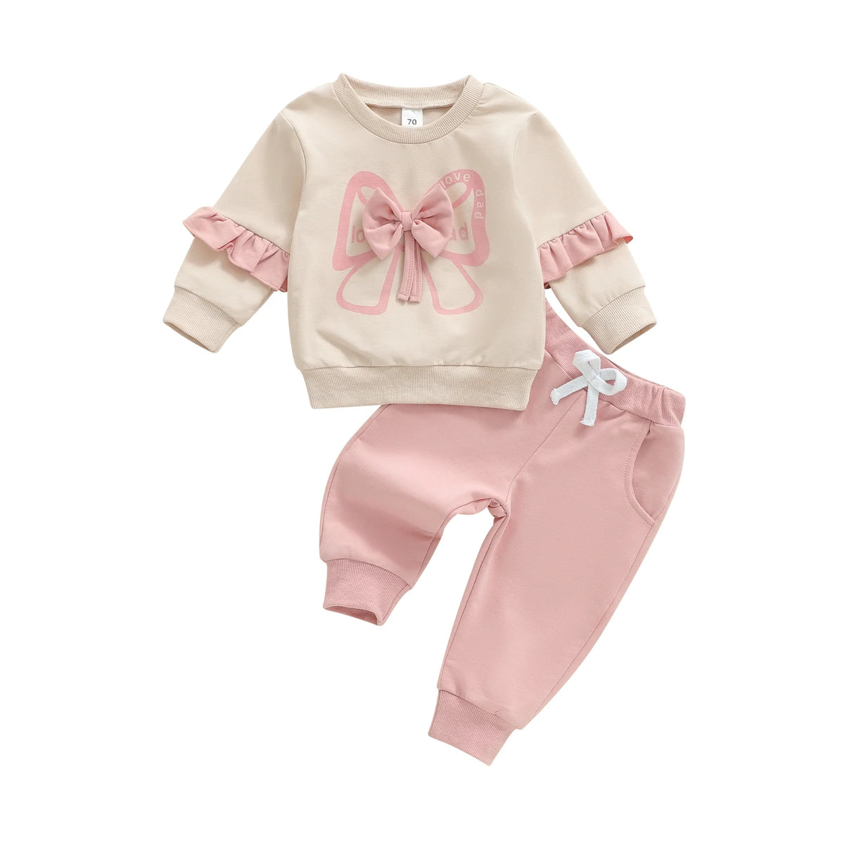 Citgeett Spring Toddler Girl Fall Outfits Bow Print Long Sleeve Ruffled Pullover Elastic Waist Pants Clothes Set