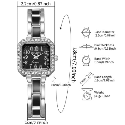 Luxury Square Rhinestone Women Quartz Watch Black Dial Metal Bracelet Fashion Ladies Wristwatches Relogio Feminino（Without Box）