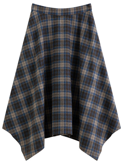 FSLE 2026 Winter Women's Vintage Plaid Print Asymmetric Full Flare Midi Skirt - Flattering Elegant Chic Versatile for Daily Wear