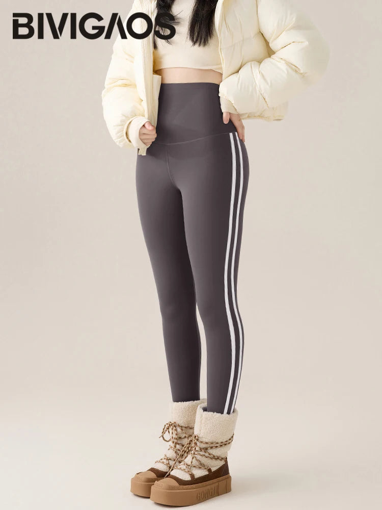 BIVIGAOS New Autumn White Striped Light Fleece Leggings Women Winter Pants High Waist Slim Velvet Thick Sport Warm Leggings