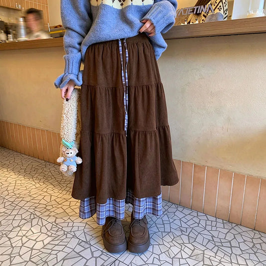 Women's Tiered Patchwork Skirt with Plaid Hem
