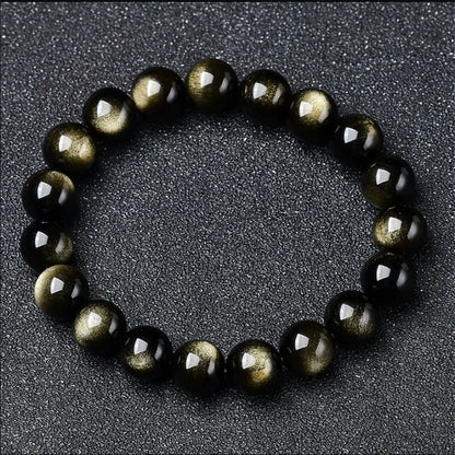Natural Golden Obsidian Stone Beads Bracelet Men Women Golden Light Rainbow Obsidian Raw Stone Round Bead Natural Energy Jewelry
