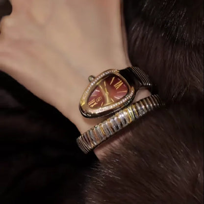 Cameo Luxury Snake Coil Bangle Watch Women Two Tone Stainless steel Silver Rose Gold Red Dial CZ Inlaid Ladies Dress Wristwatch