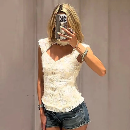 Elegant High Neck Cutout Lace Tank Tops Women Sleeveless Open Back Ruffles Hem Slim Ivory Floral Blouse 2026 New Daily Date Wear