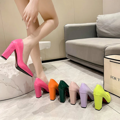 Aphixta New Barby Pink Pumps Women Shoes 7cm/10cm Square Heels Patent Leather Multicolor Party Leisure Super Big Szie 35-53