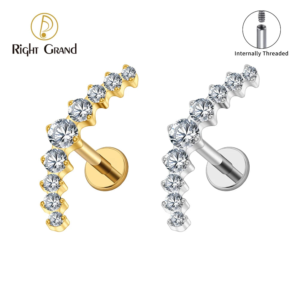 Right Grand ASTM F136 Titanium Arc CZ Cluster Labret Curved Bar Flat Back Stud Earring Helix Cartilage Conch Piercing Jewelry