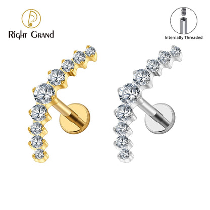 Right Grand ASTM F136 Titanium Arc CZ Cluster Labret Curved Bar Flat Back Stud Earring Helix Cartilage Conch Piercing Jewelry