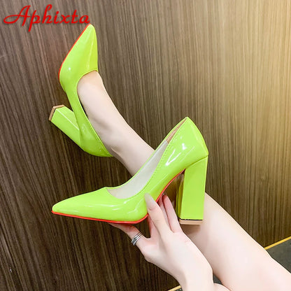 Aphixta New Barby Pink Pumps Women Shoes 7cm/10cm Square Heels Patent Leather Multicolor Party Leisure Super Big Szie 35-53