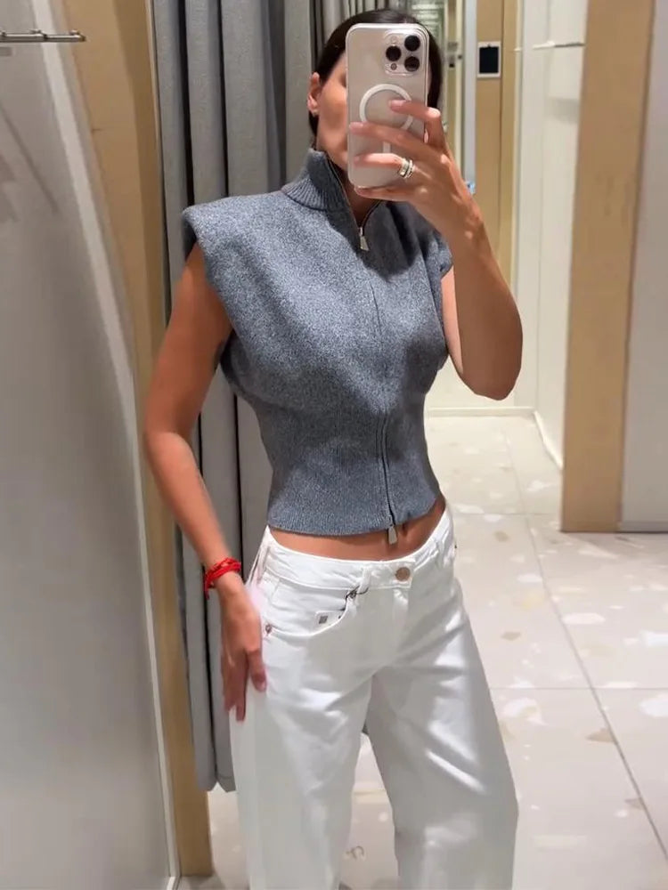 Sleeveless Padded Shoulder Women's Knitted Vest Half Turtleneck Double Zipper Cropped Slim Solid Knit Cardigan Street New Tops
