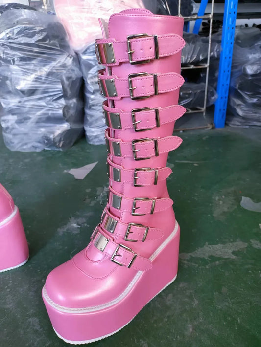 Women's Pink Multi-Buckle Platform Boots