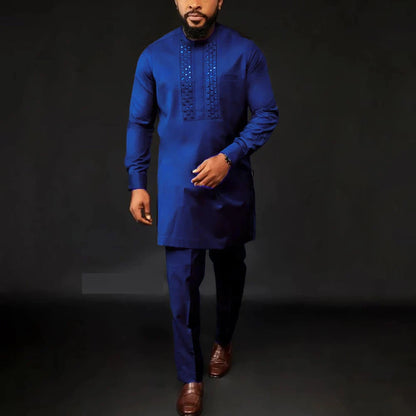 2025 African Men Dashiki Long Sleeve 2 Piece Set Traditional Outfit Africa Clothing White Men's Suit Male Shirt Pants Suits