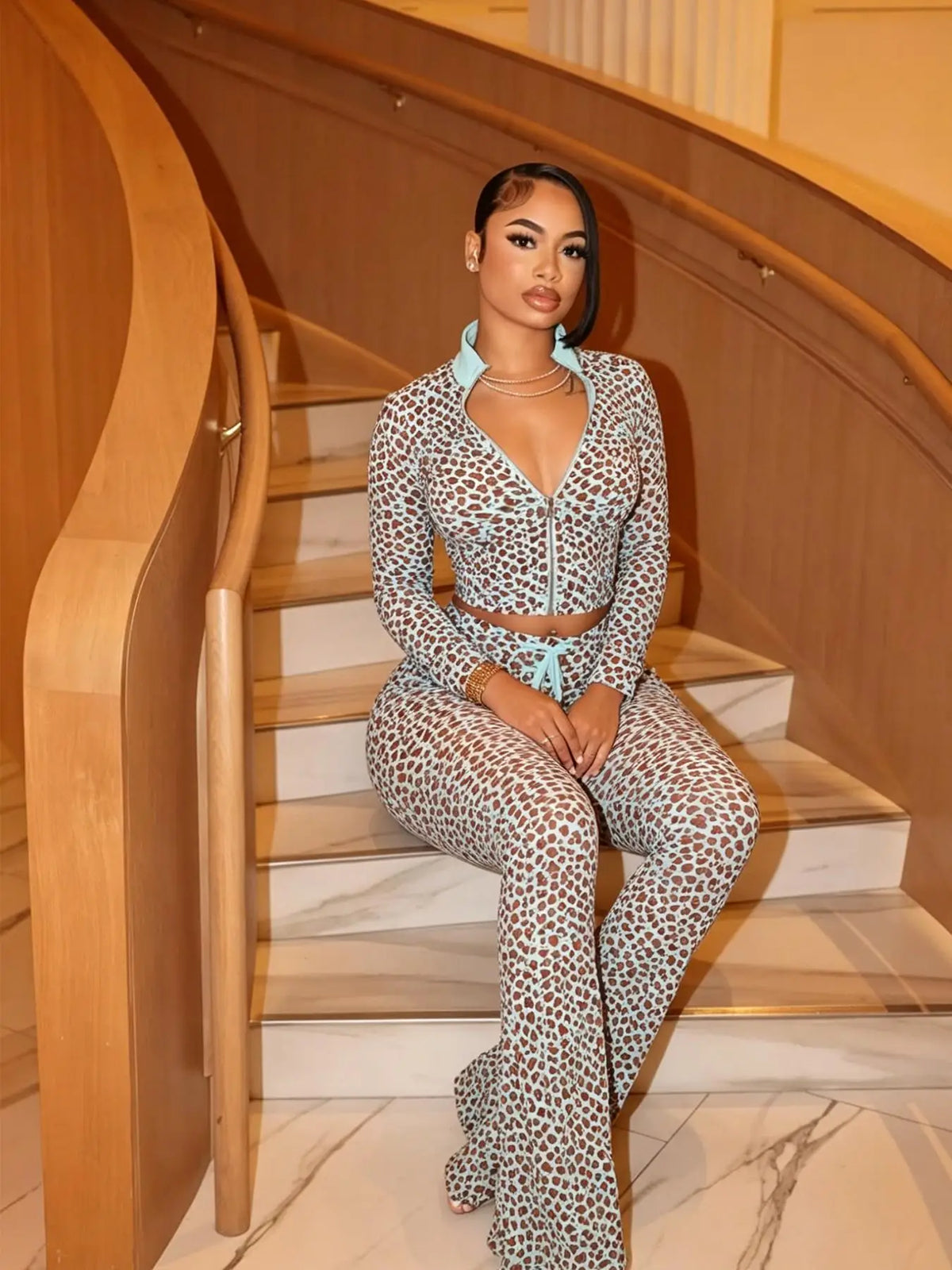 WOMEN'S NEW AUTUMN LEOPARD PRINT SEXY LONG PANTS SET, SPICY GIRL STYLE CASUAL TWO PIECE OUTFIT