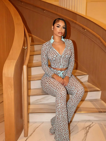 WOMEN'S NEW AUTUMN LEOPARD PRINT SEXY LONG PANTS SET, SPICY GIRL STYLE CASUAL TWO PIECE OUTFIT