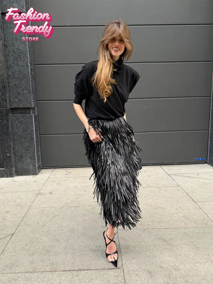 Shiny Sequin Tassel Half Skirts Women Casual Pure Color European Waist Cinching Long Skirt Lady Autumn Wear New 2026 Style