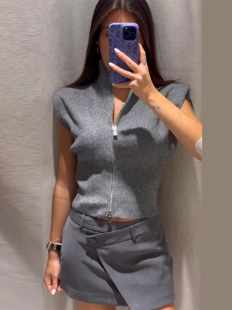Sleeveless Padded Shoulder Women's Knitted Vest Half Turtleneck Double Zipper Cropped Slim Solid Knit Cardigan Street New Tops
