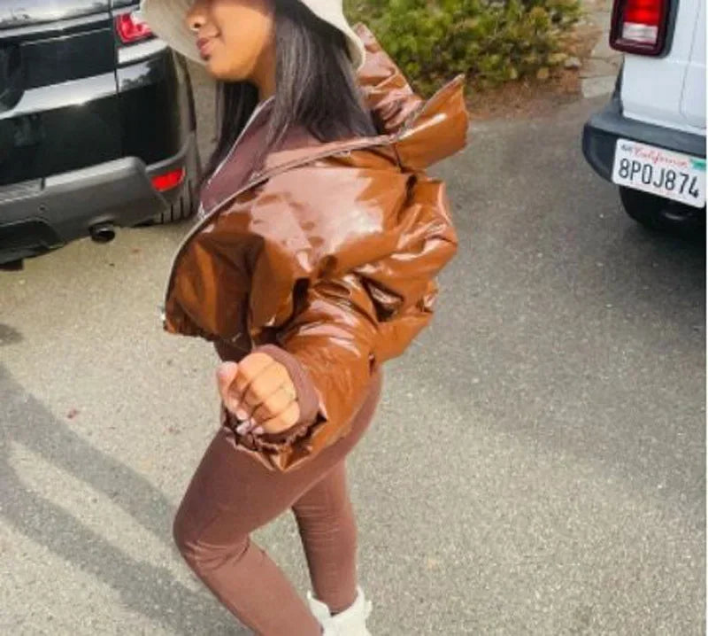 Women Cotton-padded Jacket Jacket Fashion Casual Glossy Long Sleeve Autumn And Winter Stand Collar Short Zipper Sexy Warm Street