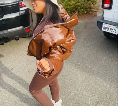 Women Cotton-padded Jacket Jacket Fashion Casual Glossy Long Sleeve Autumn And Winter Stand Collar Short Zipper Sexy Warm Street