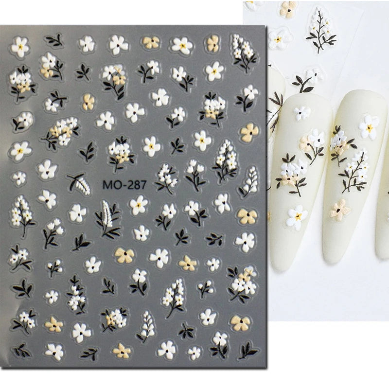 5D Embossed Nail Art Decals Elegant Petals Florals Daisy Flowers Leaves Adhesive Sliders Stickers For Manicure Tips Decoration