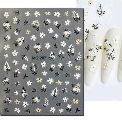 5D Embossed Nail Art Decals Elegant Petals Florals Daisy Flowers Leaves Adhesive Sliders Stickers For Manicure Tips Decoration