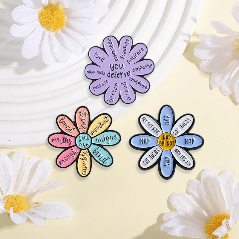 Motivational Flower Brooch Enamel Pins Encouraging Quotes You are Enough Worthy Strong Brooch Bag Clothes Badge Gift for Friends