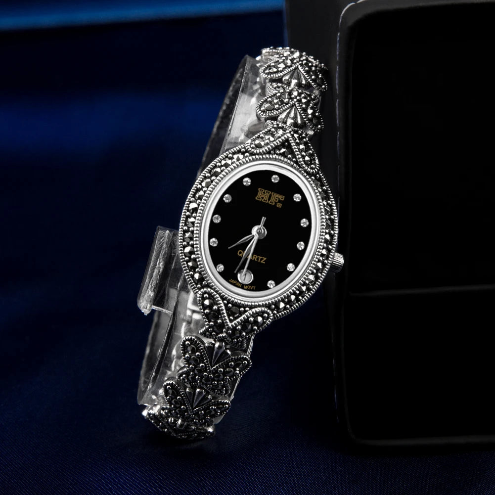 Solid 925 Sterling Silver Thailand Silver Marcasite Butterfly Style Luxury Wrist Watches Jewelry Women's Quartz Watches Bracelet