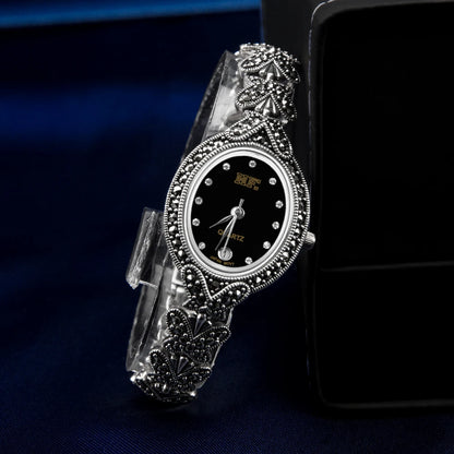 Solid 925 Sterling Silver Thailand Silver Marcasite Butterfly Style Luxury Wrist Watches Jewelry Women's Quartz Watches Bracelet