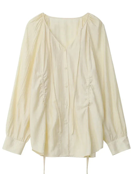 CHIC VEN Women Loose Lace Up Shirt Solid New Korean V-neck Pleated Raglan Long Sleeved Blouses Female Tops Spring Summer 2026