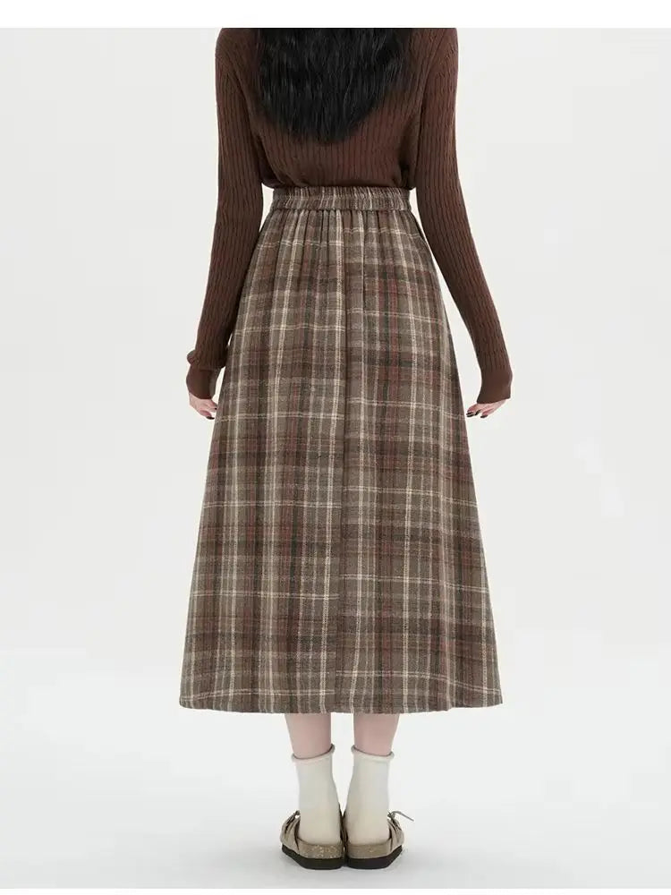 2026 Fall Winter Women‘s Plaid Pleated Midi Skirts High Waist A-Line Flared Swing Skirt Casual College Style