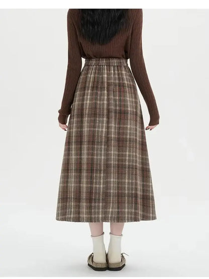 2026 Fall Winter Women‘s Plaid Pleated Midi Skirts High Waist A-Line Flared Swing Skirt Casual College Style