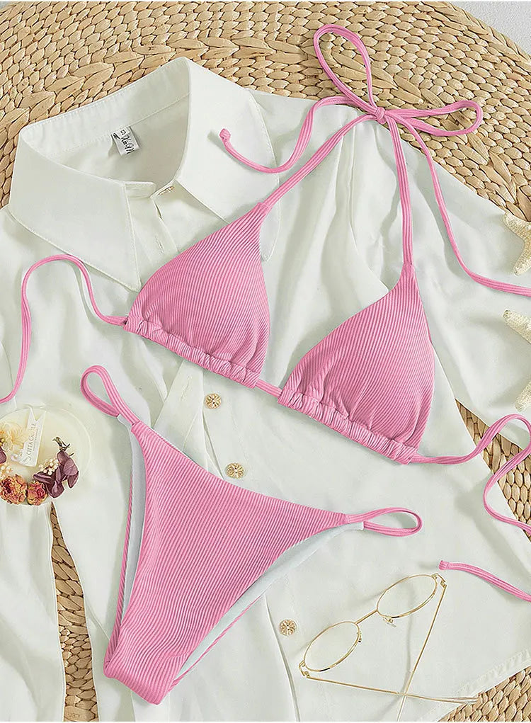 2025 Special Pit Stripe Fabric Bikini Set Women Sexy Simple Solid Halter Bikini Swimsuit High Waisted Lace Up Beach Bathing Suit