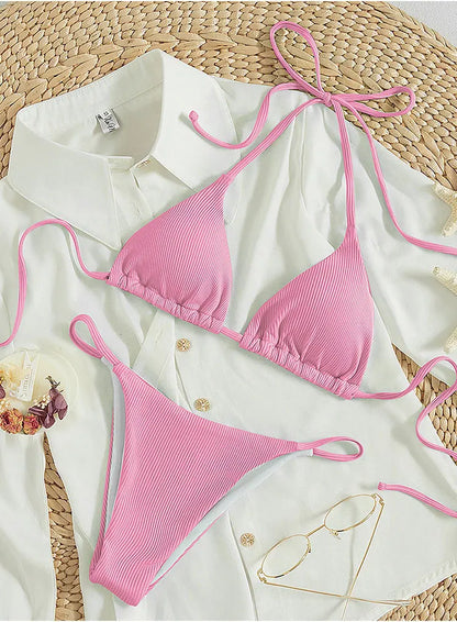 2025 Special Pit Stripe Fabric Bikini Set Women Sexy Simple Solid Halter Bikini Swimsuit High Waisted Lace Up Beach Bathing Suit