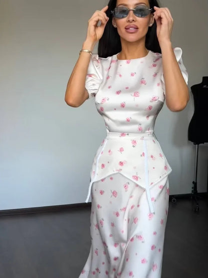 Elegant Printed Satin Skirt Set Women Fashion Round Collar Short Sleeve High Waist Top Skirts Suit Chic 2026 Lady Street Outfit