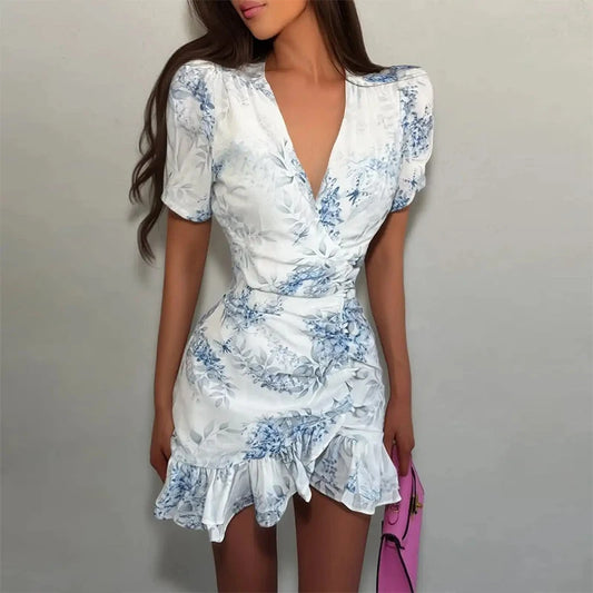 Women's Floral V-Neck Ruffle Dress