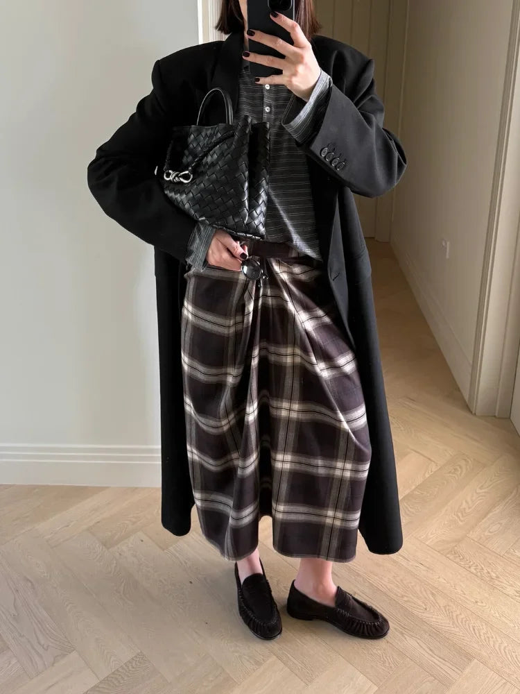 Chic Plaid Checked Midi Skirt Women Casual Pleated Slim High Waist Mid-length Bottom Skirts 2025 Office Commute Daily Wear New