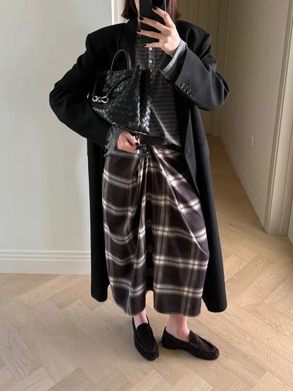 Chic Plaid Checked Midi Skirt Women Casual Pleated Slim High Waist Mid-length Bottom Skirts 2025 Office Commute Daily Wear New