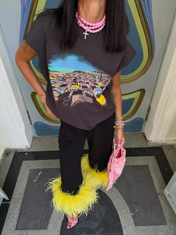 Women High Waist Straight Leg Long Pants Bright Feather Fuzzy Hem Decor Wide Trousers 2026 Fashion Causal Chic Party Bottoms