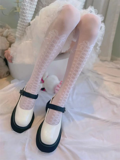 Sweet Lolita Leggings Japanese Girl's Bow Cross Tie White High Stockings JK Love Poker Women's Ultrathin Black Sexy Knee Socks