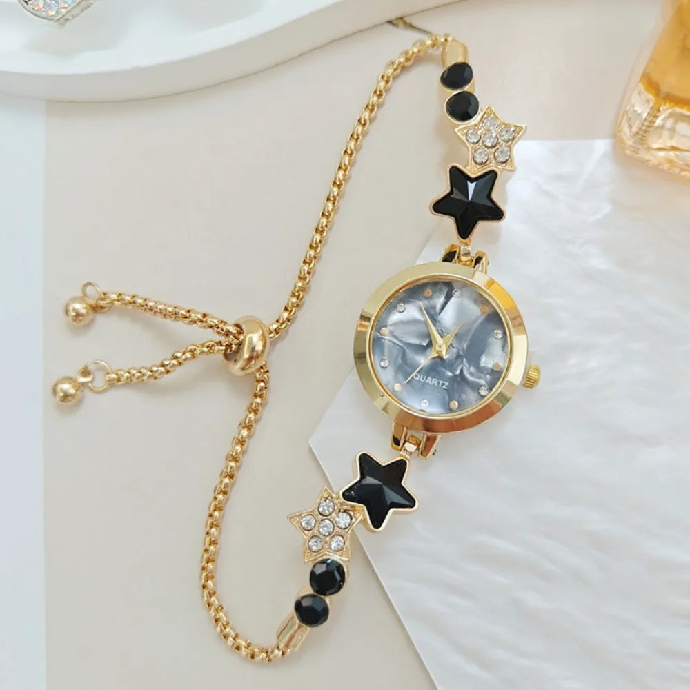Fashion Adjustable Bracelet Watch Rhinestone Alloy Quartz Watch Star Chain Watch for Women Girls
