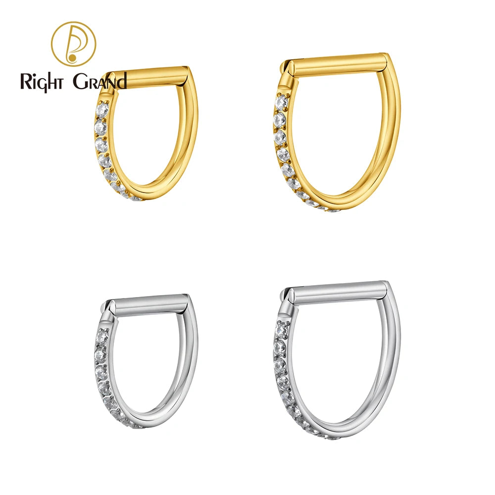 Right Grand ASTM F136 Titanium D Shape Septum Ring with CZ 16G Hinged Segment Clicker Hoop Conch Helix Piercing Body Jewelry