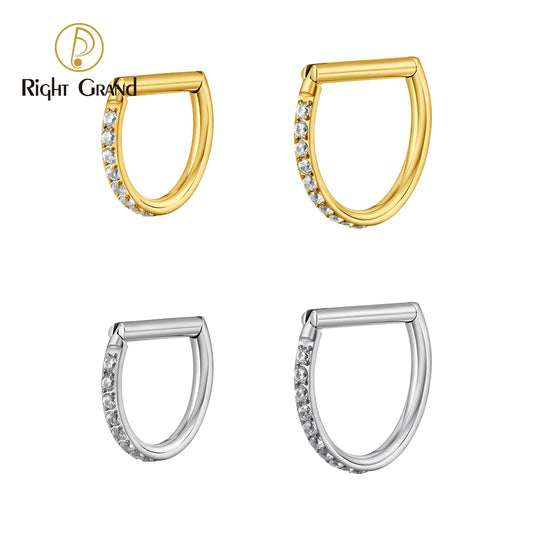 Right Grand ASTM F136 Titanium D Shape Septum Ring with CZ 16G Hinged Segment Clicker Hoop Conch Helix Piercing Body Jewelry