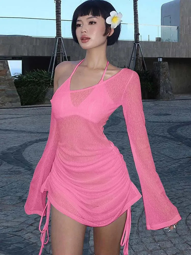 Women's Solid Skew Collar Ruched Straps Lace-Up See through Draw String Mini Dress Summer 2025 Party Clubwear