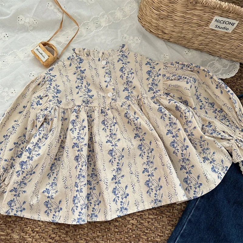 deer jonmi 2026 New Autumn Toddlers Girls Printed Blouses Puff Sleeve Ruched Tops Korean Style Baby Kids Loose Shirts