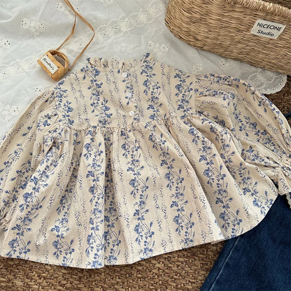 deer jonmi 2026 New Autumn Toddlers Girls Printed Blouses Puff Sleeve Ruched Tops Korean Style Baby Kids Loose Shirts