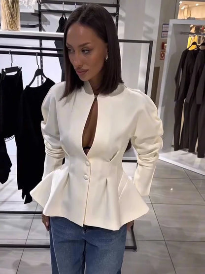 Women's Solid Elegant Ruffle Coats Chic Hollow-out V-neck Full Sleeve Waist-cinching Coat 2026 Spring Lady Highstreet Outwear
