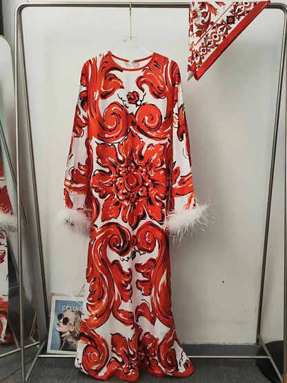 Design Retro Geometric Print Spliced Feather Long Sleeve Dress 2026 Autumn Women's Clothing Loose Straight Skirt + Silk Scarf