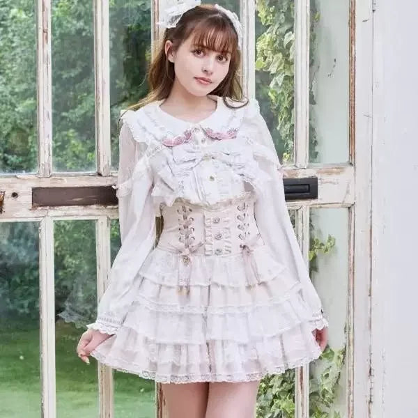 Japanese Lolita Lace Layered Skirt Women Anime High Waist Maid Style Sweet Ruffle Cake Skirt Kawaii Harajuku A-Line Mini Skirt