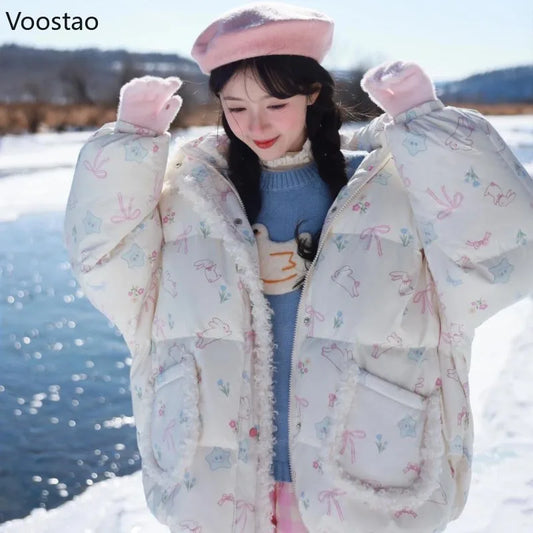 Women's Bunny-Print Hooded Padded Jacket