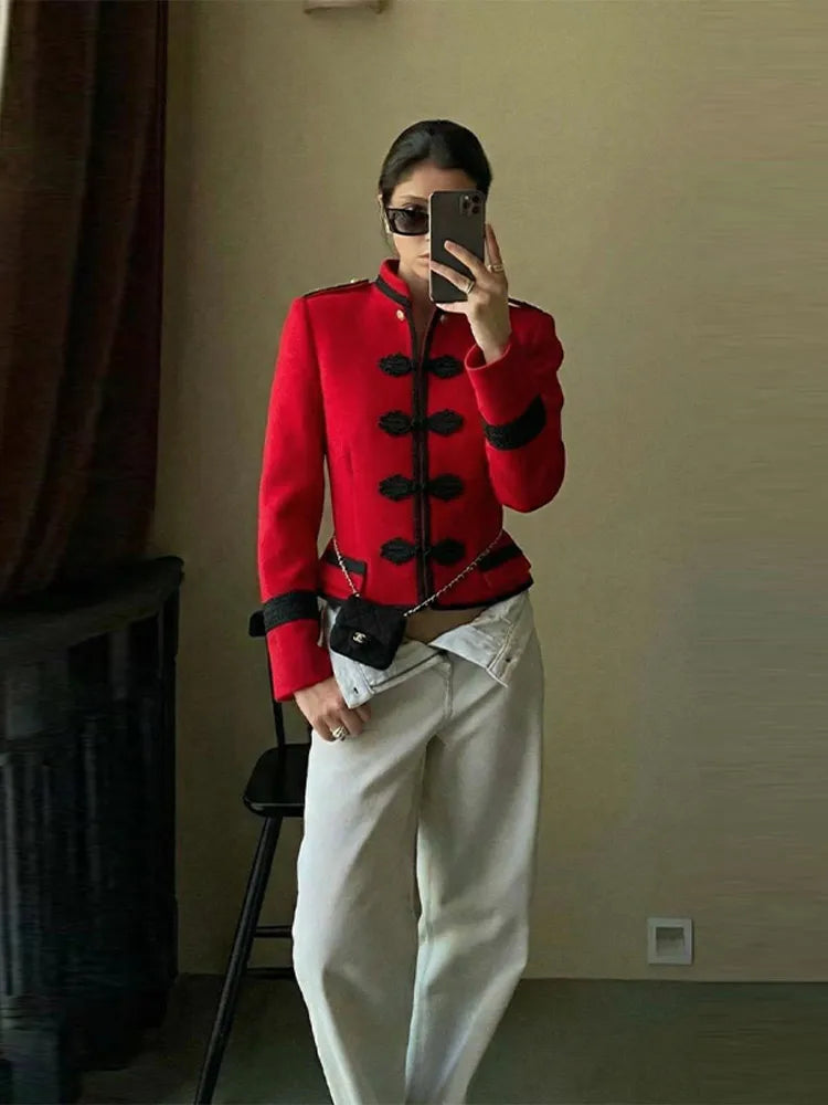 Women Woven Patchwork Crop Jacket Shoulder Pad Frog Button Long Sleeve Street Slim Paneled Blazer 2026 Spring Chic Napoleon Coat